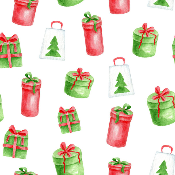 Boîtes cadeaux de Noël aquarelle motif sans couture. Cadeaux colorés dessinés à la main avec ruban arc isolé sur fond blanc. Illustration pour Nouvel An, Fête de Noël, décoration, emballage - Photo, image