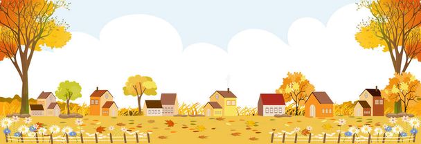 Осенний пейзаж в деревне с копировальным пространством, векторная иллюстрация Плоский сельский пейзаж в сельской местности с фермерским домом, панорамный вид на сельскую местность в осенний сезон - Вектор,изображение