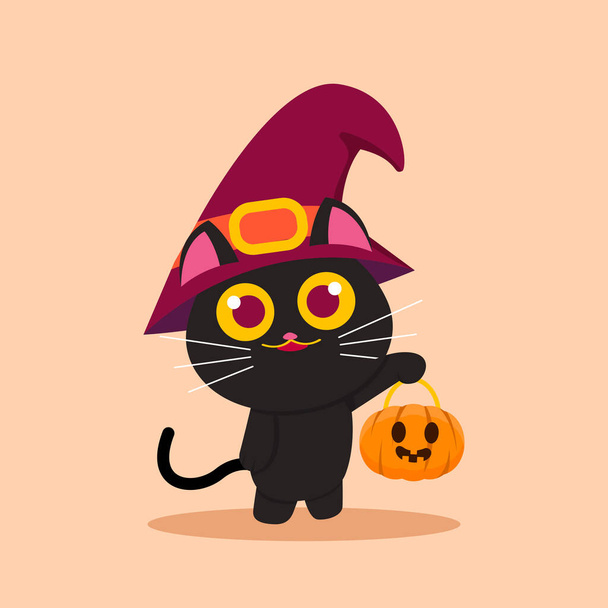 Ilustração vetorial para o Halloween, gato preto bonito transportando abóbora - Vetor, Imagem