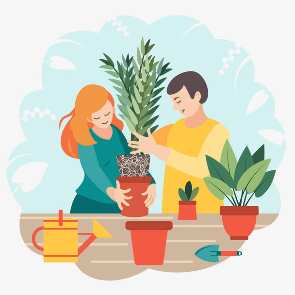 Ein junges Ehepaar verpflanzt eine Pflanze - Vektor, Bild