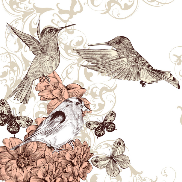 Векторный фон с птицами и бабочками
 - Вектор,изображение