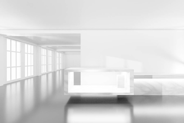 Habitación elegante vacía de diseño moderno de color blanco brillante con contador en la ilustración de renderizado 3D - Foto, imagen