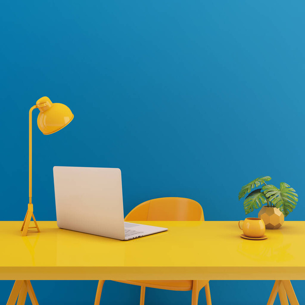 ラップトップモックアップ付きテーブル。黄色の椅子、ランプ、青い背景のテーブル。作業スペースの概念3Dレンダリング - 写真・画像