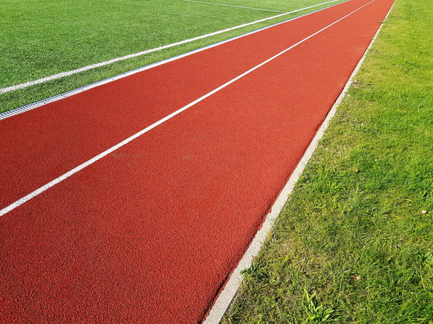 Red treadmill with white lines in a sports stadium. Red running tracks in the stadium. Empty sport stadium.  - Photo, Image