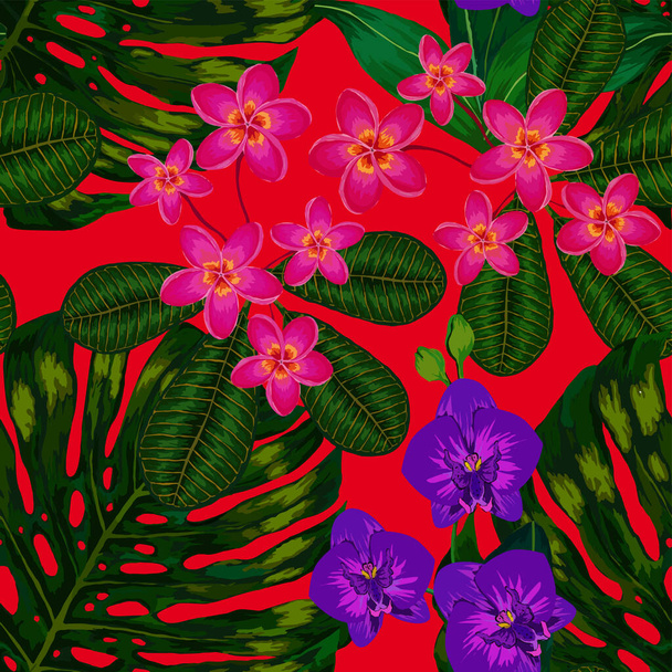 Akvarell zökkenőmentes minta trópusi levelek és virágok. Gyönyörű allover print kézzel rajzolt egzotikus növények. Fürdőruha botanikai tervezés. Vektor. Vintage egzotikus ujjlenyomat. - Vektor, kép
