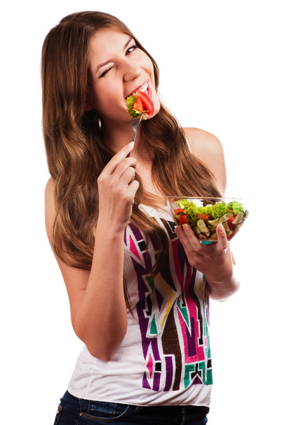 Diet.Beautiful Young Woman Eating Vegetable Salad .Dieting concept.Healthy Food - Foto, Bild