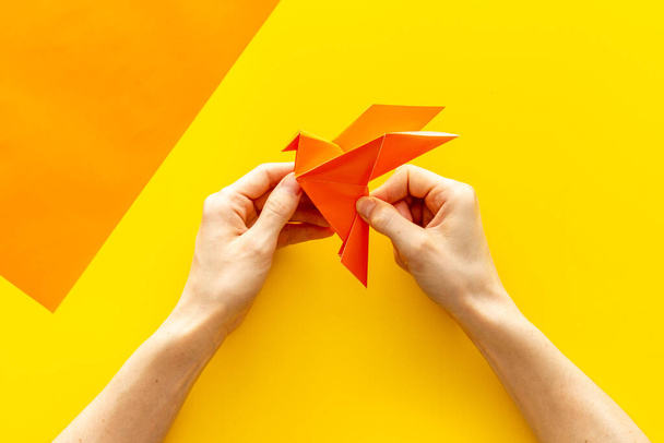 Origami bird in female hands. Care peace concept. Top view - Фото, изображение