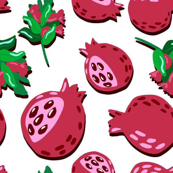 Стилизованный летний бесшовный узор с крупными гранатовыми ветвями и зелеными ветвями с ягодами. Изолированное произведение искусства. Красный и розовый фруктовый орнамент. Векторная иллюстрация - Вектор,изображение