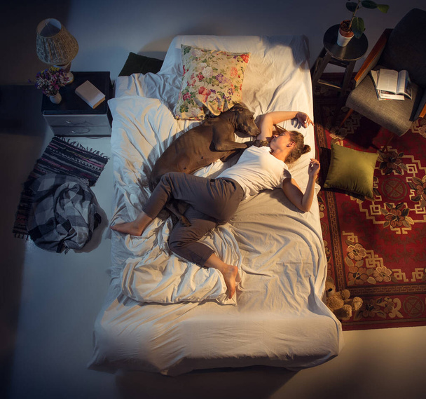 Portrait of a woman, female breeder sleeping in the bed with her dog at home - Photo, image