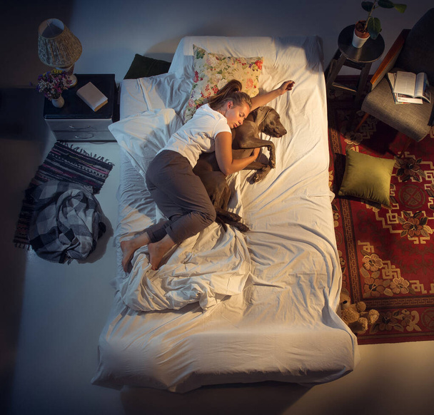Portrait of a woman, female breeder sleeping in the bed with her dog at home - Foto, immagini