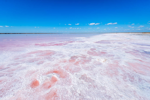 Соленый белый пляж и голубое небо. озеро с розовой водой и пляж из соли. Природное чудо. Украина. - Фото, изображение