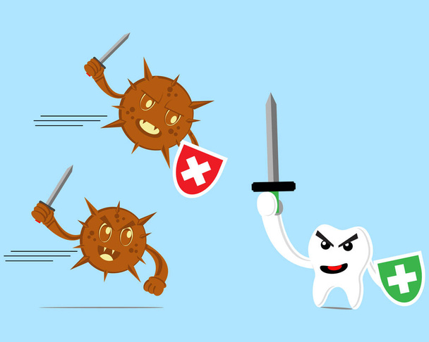 Иллюстрационный векторный графический мультяшный персонаж зубной борьбы с бактериями - Вектор,изображение