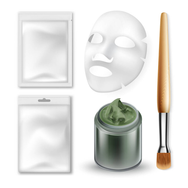 Facial Mask And Make-up Brush Cosmetics Set Vector. Sbírka kosmetických doplňků Face Mask Blank Sheet, Sachet And Container. Beauty Salon Cleanser Template Realistické 3D ilustrace - Vektor, obrázek