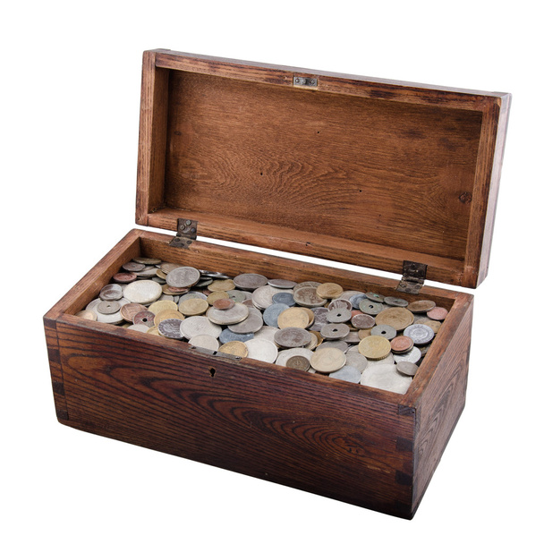 Caja de madera con monedas antiguas
 - Foto, Imagen