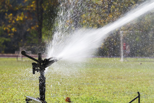 Sprinkler head watering the grass in sport field. - Photo, Image