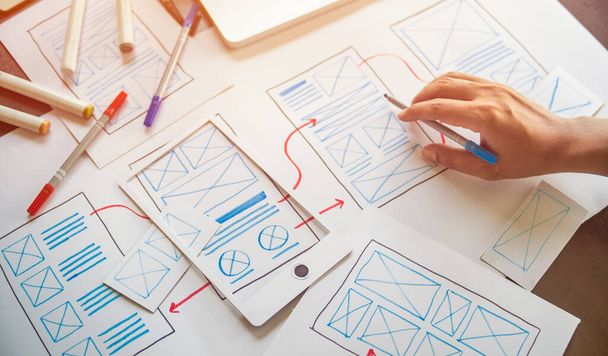 ux Grafisch ontwerper creatieve schets planning applicatie proces ontwikkeling prototype wireframe voor web mobiele telefoon. Begrip gebruikerservaring. - Foto, afbeelding