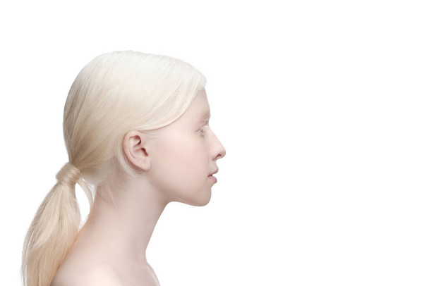 Portrait of beautiful albino woman isolated on white studio background. Beauty, fashion, skincare, cosmetics concept. - 写真・画像