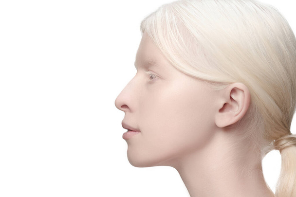 Portrait of beautiful albino woman isolated on white studio background. Beauty, fashion, skincare, cosmetics concept. - Foto, immagini