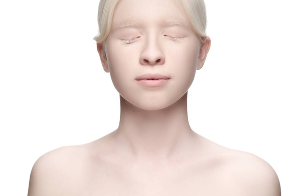Portrait of beautiful albino woman isolated on white studio background. Beauty, fashion, skincare, cosmetics concept. - Photo, Image