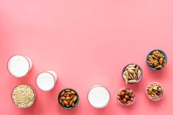 Dairy free milk protein nuts drink. Top view, copy space - Photo, Image