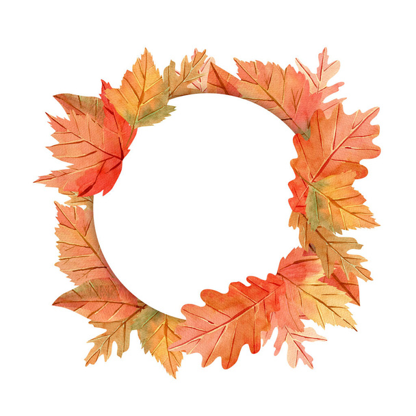 Akvarell kézzel rajzolt kerek keret tölgy, juhar őszi levelek meleg színekben sablon, meghívó design - Fotó, kép