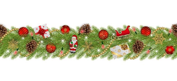 banner natalizio senza cuciture con rami di pino e decorazioni - Vettoriali, immagini