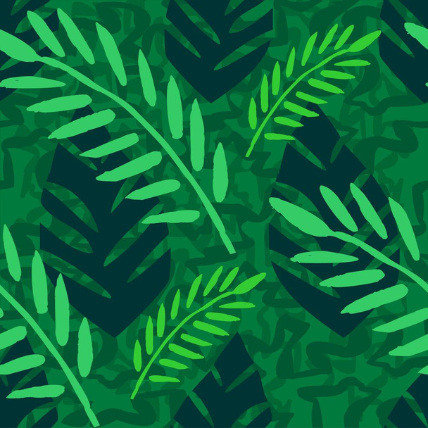 Exotic Tropical Vector Seamless Pattern. Leaves Of Palm Trees, Monstera, Leaves In The Jungle. Hand drawn. For Design, Wrapping Paper, Fabric, Textile, Carpets, Clothes, Wallpaper, Trendy Background. - Vettoriali, immagini