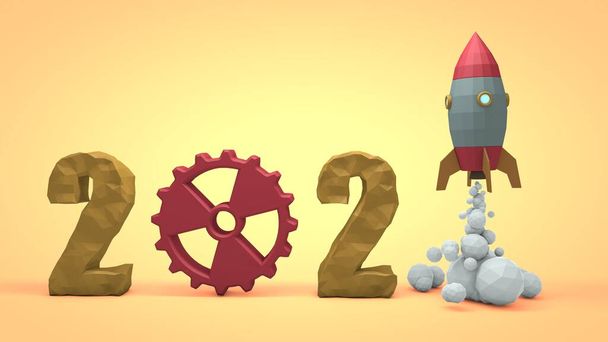 3D rendering of the new year's date 2021. A gear with a radiation sign instead of zero. Space rocket at launch instead of one. Illustration in a low-poly style. The idea of a cosmic future. - Photo, Image