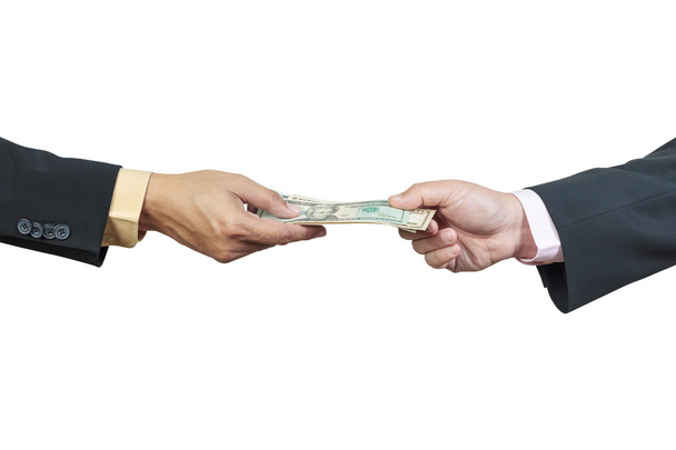 zakenman hand en geld naar andere voor corruptie concept op wh - Foto, afbeelding