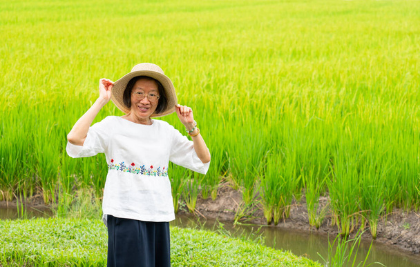 старшая азиатка в необычном наряде, стоящая на рисовом поле - Фото, изображение
