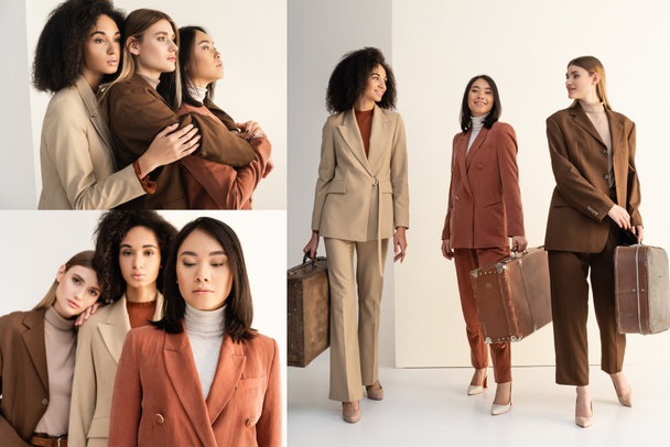 collage van stijlvolle interraciale modellen in pakken poseren en glimlachen terwijl het houden van koffers op wit - Foto, afbeelding