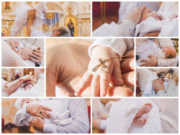 Collage del sacramento del battesimo di un bambino. Concentrazione selettiva. Persone. - Foto, immagini