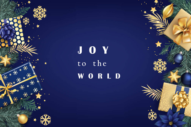 Navy blue and golden stylish Christmas composition with gift boxes - Vector, imagen