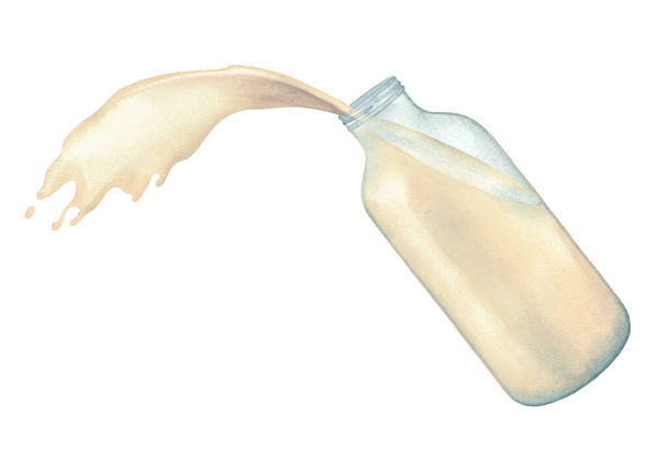 Waterverf plantaardige melk gieten uit de glazen fles. - Foto, afbeelding