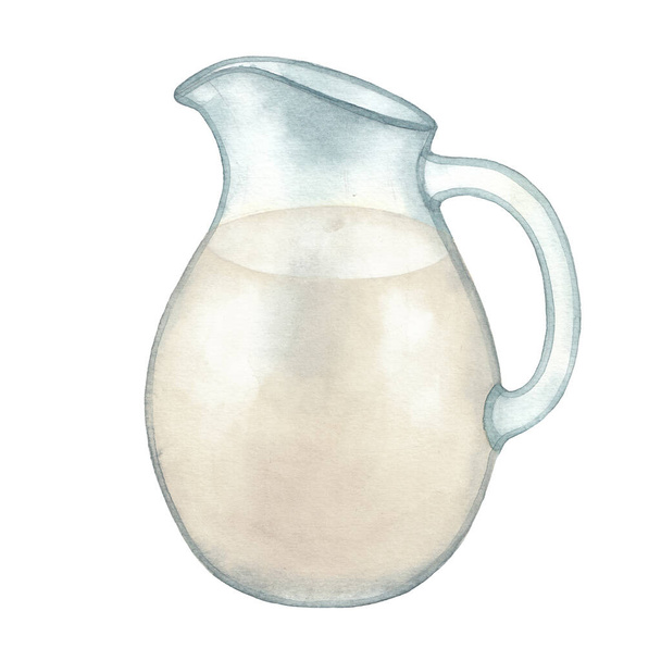 Watercolor glass jug of milk isolated on the white background - Photo, Image