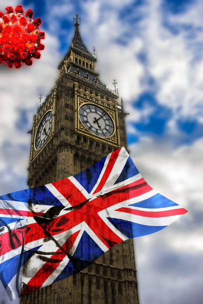 Covid-19 en Reino Unido. Big Ben en Londres con bandera británica y coronavirus Sars-Cov-2. - Foto, Imagen