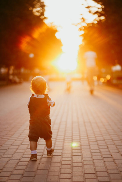 Baby runs along silhouette Boulevard on a summer evening - Foto, imagen