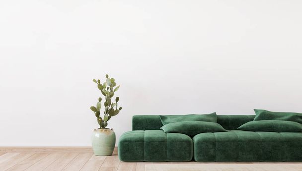 Minimum oturma odası tasarımı, boş modern arka planda yeşil kanepe, panorama - Fotoğraf, Görsel