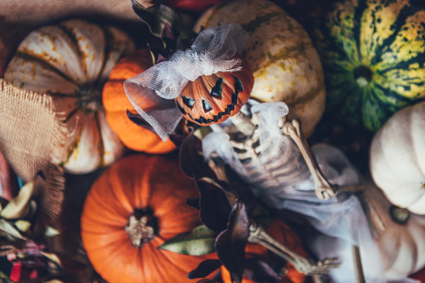 Pumpkins and skeleton pumpkin bride - Foto, Imagem