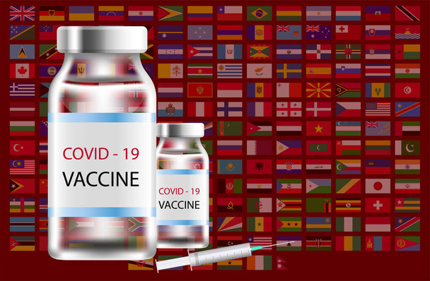 Coronavirusvaccin tegen de achtergrond van de vlaggen van de wereld. Coronavirus in de wereld. Een hulpmiddel om coronavirus over de hele wereld te bestrijden. - Vector, afbeelding