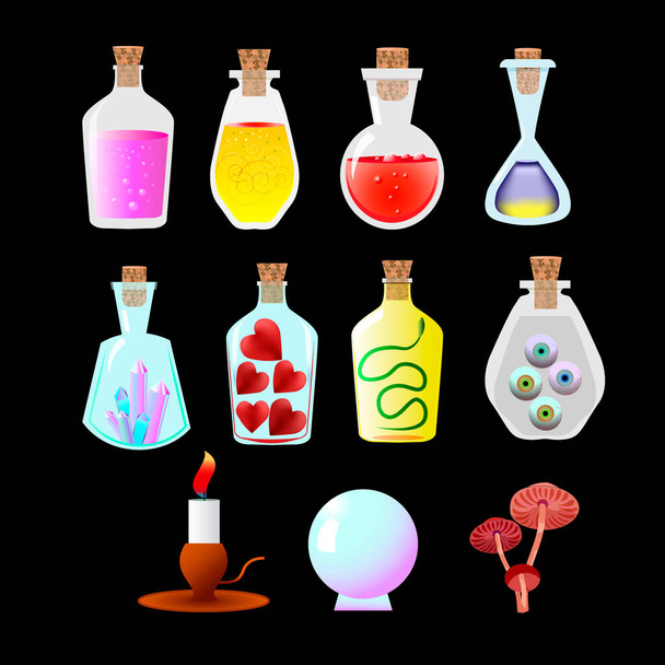 Flasks with a magical potion with sparkling multi colored elixir. - Wektor, obraz