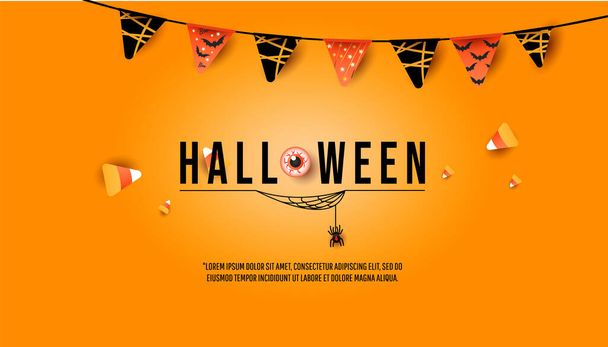 Banner de Halloween, concepto de invitación a fiestas. Decoración creativa de moda con guirnalda de banderas, caramelos de colores, araña con telarañas sobre un fondo naranja mínimo - Vector, imagen