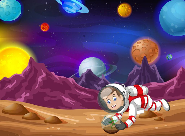 Hombre astronauta fresco en la superficie de Marte con otros planetas en la historieta de fondo - Vector, imagen