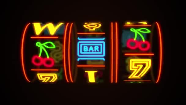 Neon Casino Spielautomaten drehen, Geld fliegen nach der Gewinnkombination. Titelanimation gewinnen - Filmmaterial, Video