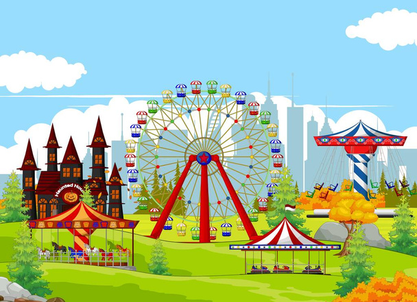 Landscape Playground Collection Cartoon Set With Ferris Wheel, Carousel, and Castle in Grass Field Cartoon - Vector, Image