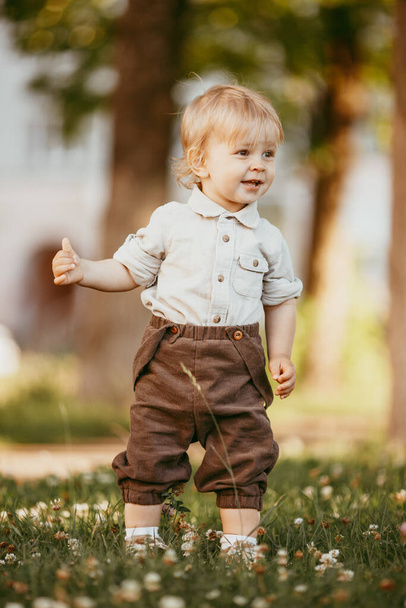 A small blond boy dressed in a vintage jumpsuit in a field at sunset, on a summer day. - Foto, Imagen