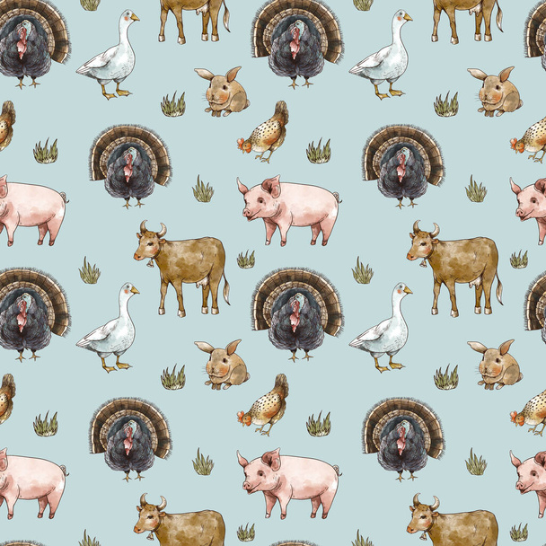 Farm animals seamless pattern. Goose, cow, chicken, pig, haystack. Rustic vintage texture on white background. - Photo, Image