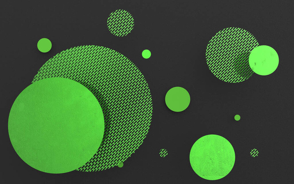 Zielony metal i nieprzezroczyste koła i cylindry na kolorowym tle. Abstrakcyjne tło do projektowania graficznego z przezroczystym szkłem. Ilustracja 3D renderowania - Zdjęcie, obraz