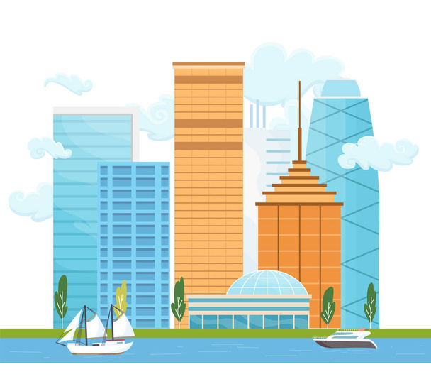 City landscape with buildings and trees. Urban landscape with modern skyscrapers and river with ships or yachts. Minimal geometric flat style - Vector, Image