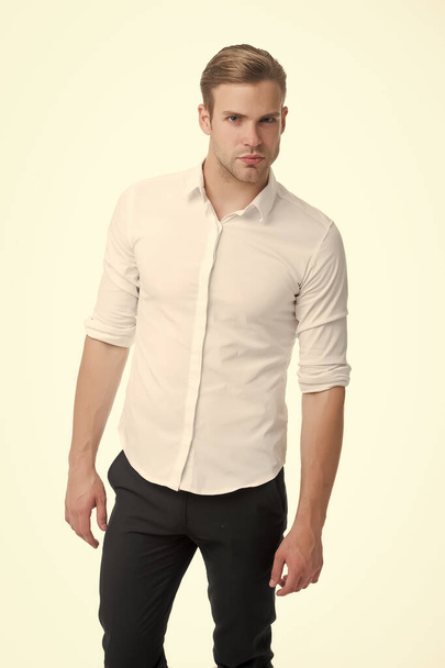 Mens fashion and style. Caucasian guy wear elegant style isolated on white. Handsome man with unshaven face and hair style. Fashion and style trends. Dress for any occasion - 写真・画像